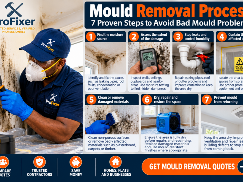 Mould removal process infographic showing a professional contractor assessing and treating indoor mould, with steps for moisture detection, containment, cleaning, drying and prevention