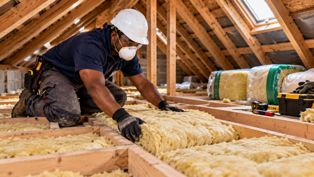 Roof insulation buying guide showing a professional installer fitting ceiling insulation and highlighting R-value, thickness, fire safety, moisture resistance, ventilation and noise reduction
