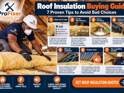 Roof insulation buying guide infographic showing a professional installer fitting ceiling insulation and highlighting R-value, thickness, fire safety, moisture resistance, ventilation, noise reduction and installation quality