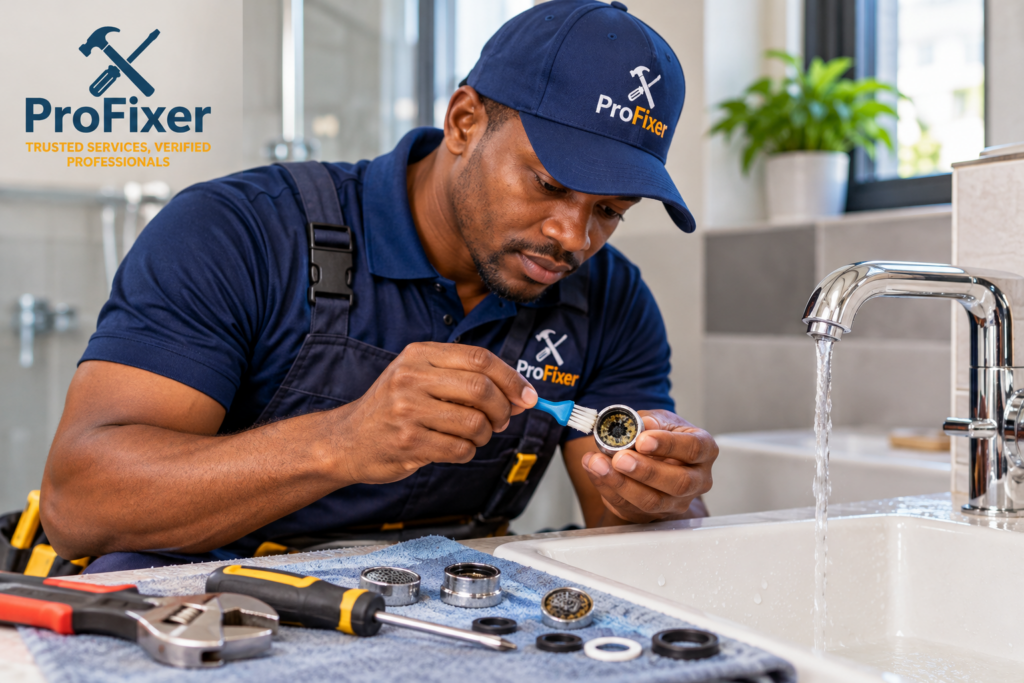 Plumber inspecting and adjusting an indoor water supply connection beneath a sink while checking flow and pressure components in a clean, well-lit home setting.