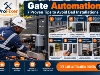 Gate automation infographic showing a professional installer working on a sliding gate motor with battery backup, safety beams, access control and electrical connections