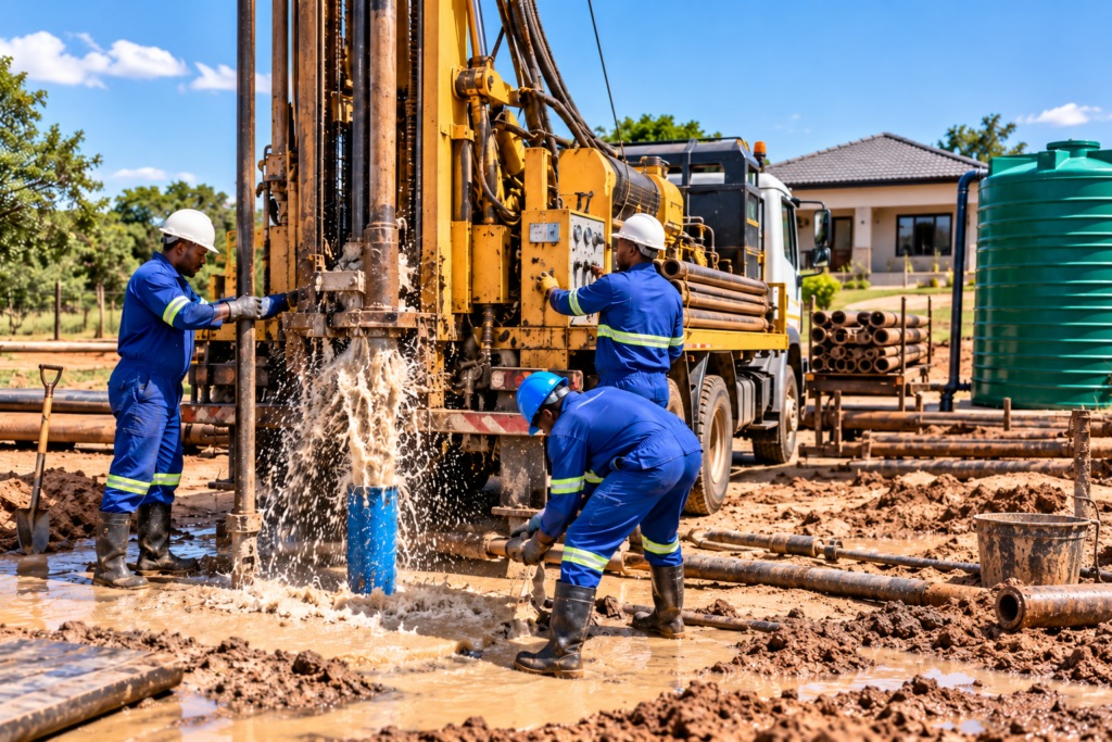borehole drilling contractors operating a drilling rig during residential borehole installation