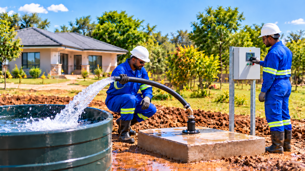 borehole drilling contractors testing a newly installed borehole pump and pumping water into a tank