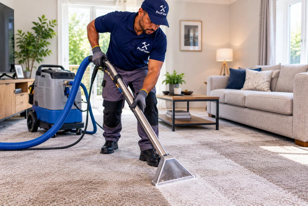 carpet cleaning services using professional extraction equipment in a modern living room