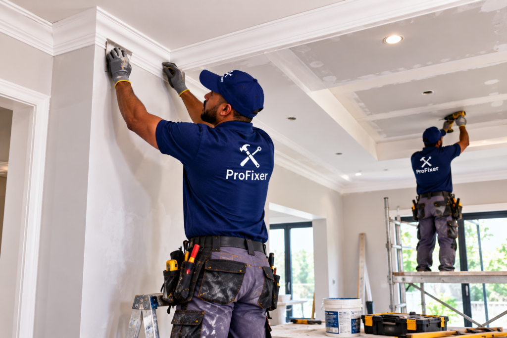 ceiling and cornice contractors installing decorative cornices and finishing a modern ceiling