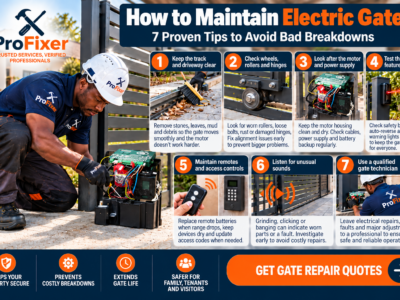 How to maintain electric gates infographic showing a gate technician inspecting an electric gate motor, safety beams, rollers, remotes and access controls