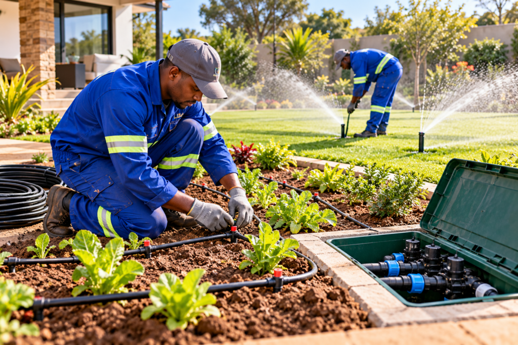 irrigation system installers fitting drip irrigation and sprinkler systems in a residential garden