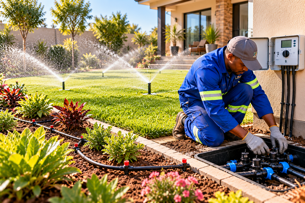 irrigation system installers testing sprinkler zones and irrigation control valves in a residential garden