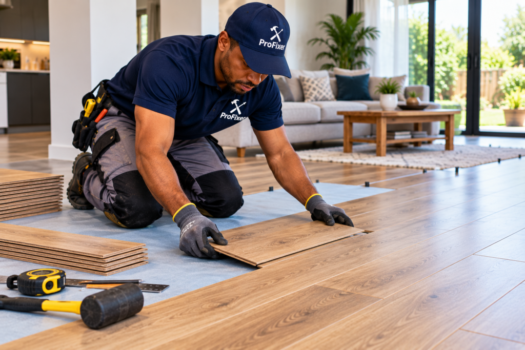 laminate flooring installers fitting oak-effect laminate flooring in a modern living room