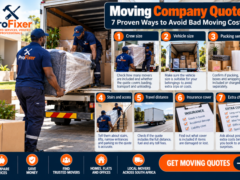 Moving company quotes infographic showing professional movers loading furniture into a truck and comparing crew size, vehicle size, packing, access, travel distance, insurance and extra charges.