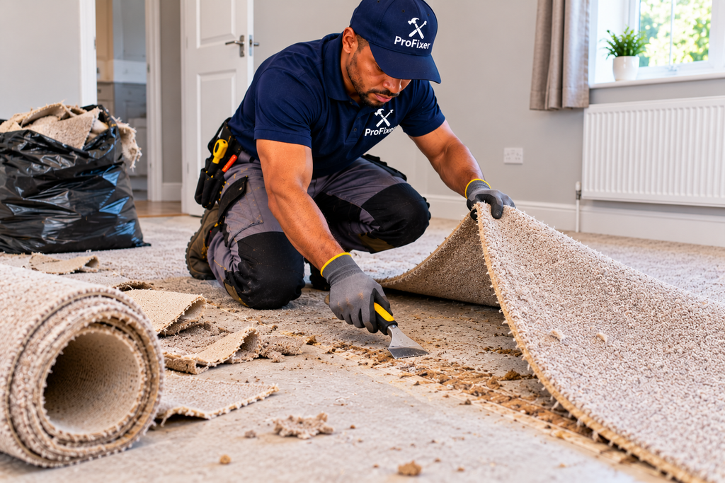 carpet installers removing old carpet and preparing the subfloor for replacement flooring