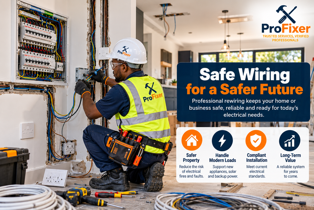 Professional electrician carrying out home rewiring beside a distribution board, with exposed cables and new electrical circuits being installed