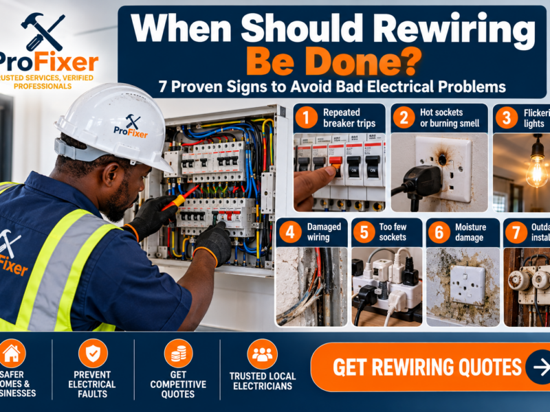 When should rewiring be done infographic showing an electrician inspecting a distribution board and seven warning signs of unsafe electrical wiring