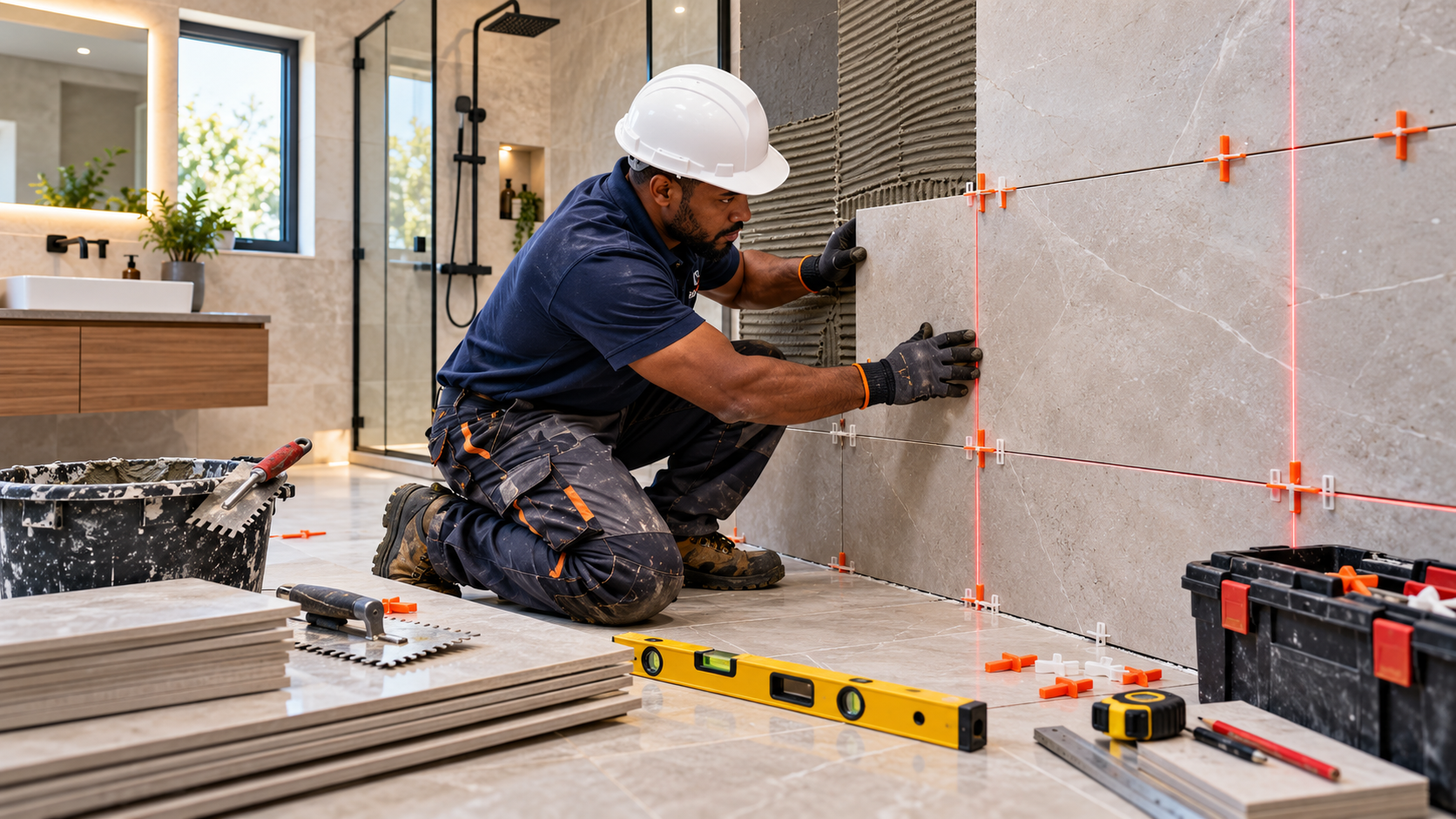 Hire qualified tilers for professional bathroom tiling, showing a tiler installing large-format wall tiles with laser alignment, spacers and adhesive.