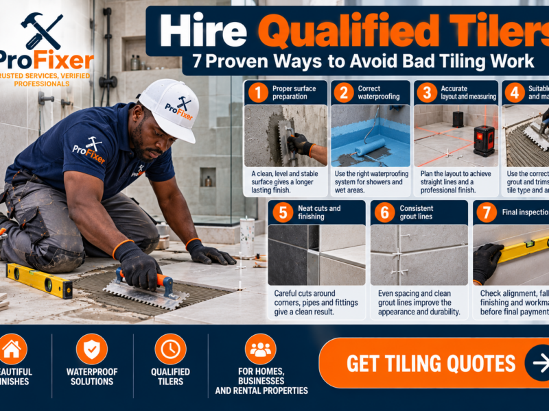 Hire qualified tilers for professional bathroom tiling, showing a tiler installing large-format wall tiles with laser alignment, spacers and adhesive.