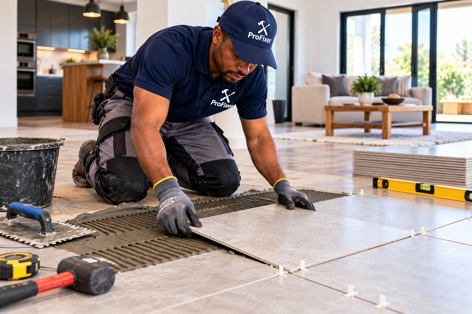 flooring contractors installing large floor tiles in a modern open-plan home