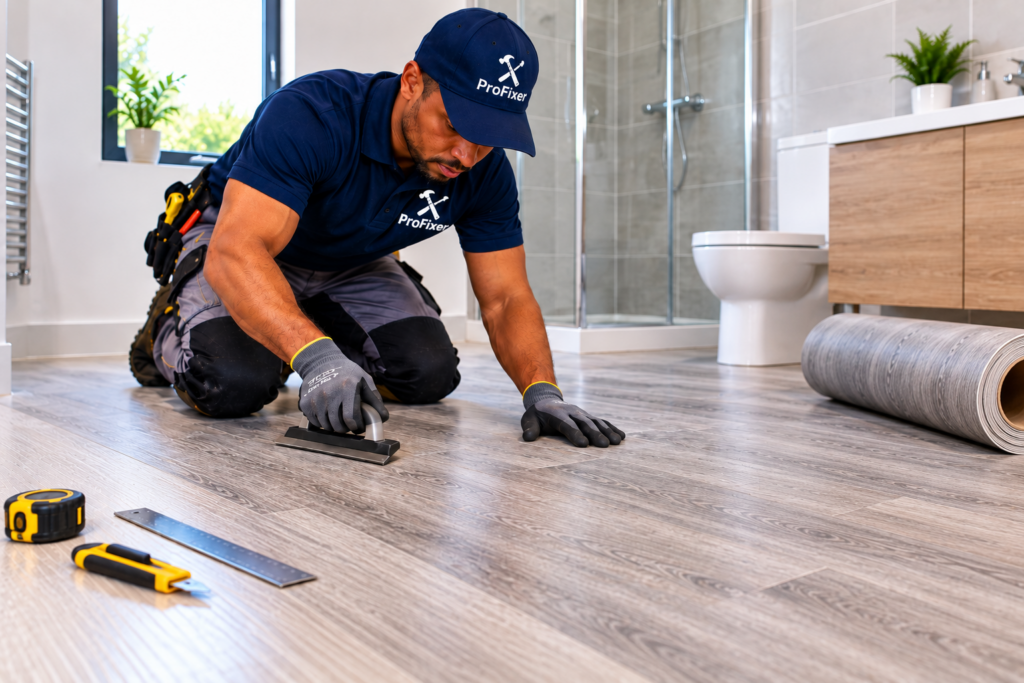 vinyl flooring installers fitting wood-look vinyl flooring in a modern bathroom