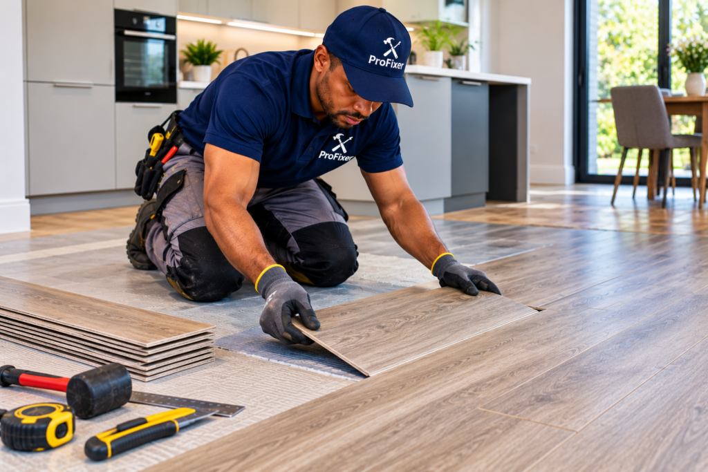 vinyl flooring installers fitting wood-look vinyl planks in a modern kitchen